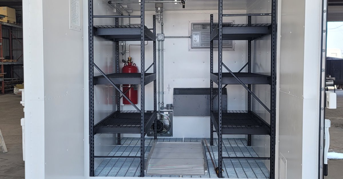 Hazardous materials storage container with industrial shelving, ventilation, fire suppression equipment, and secure organization.