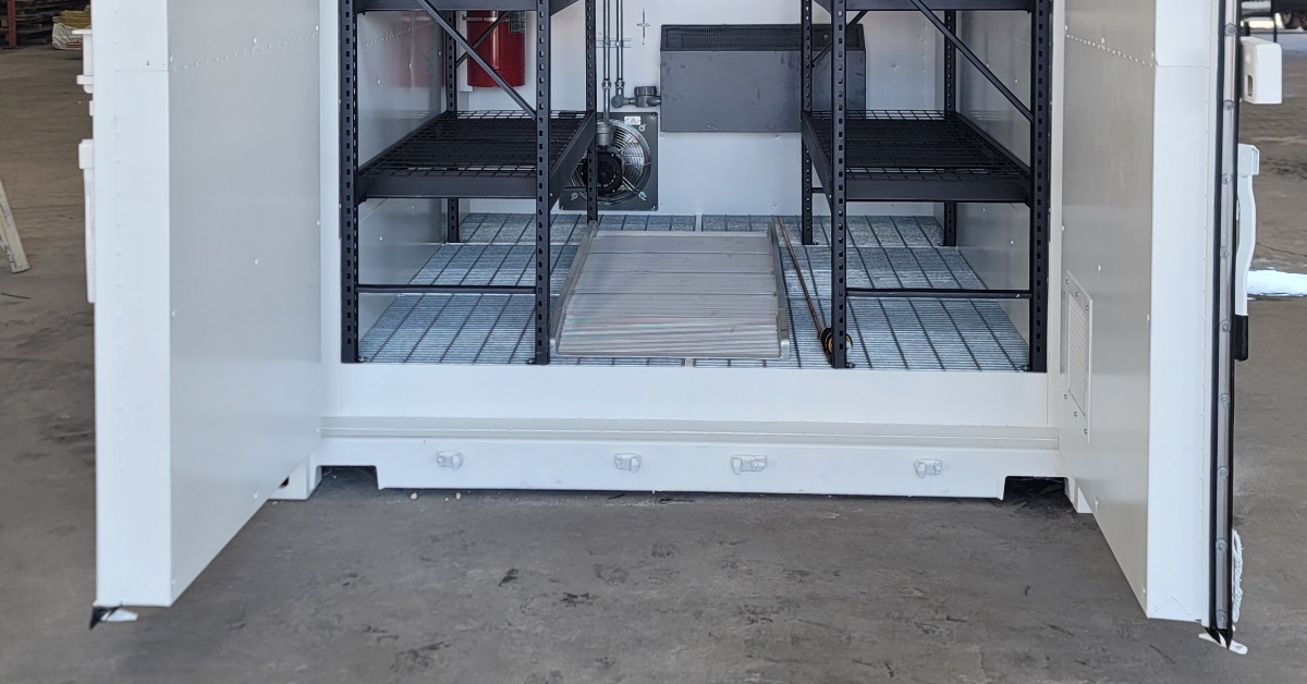 A large, white storage container with its side doors open up to reveal and interior with multiple shelving units.